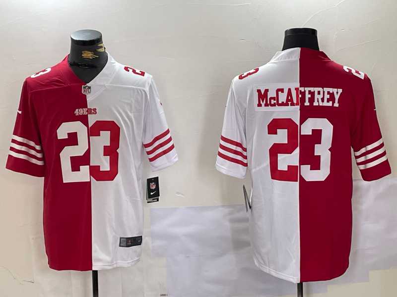 Men%27s San Francisco 49ers #23 Christian McCaffrey Red White Split Vapor Limited Stitched Jersey Dzhi->san francisco 49ers->NFL Jersey